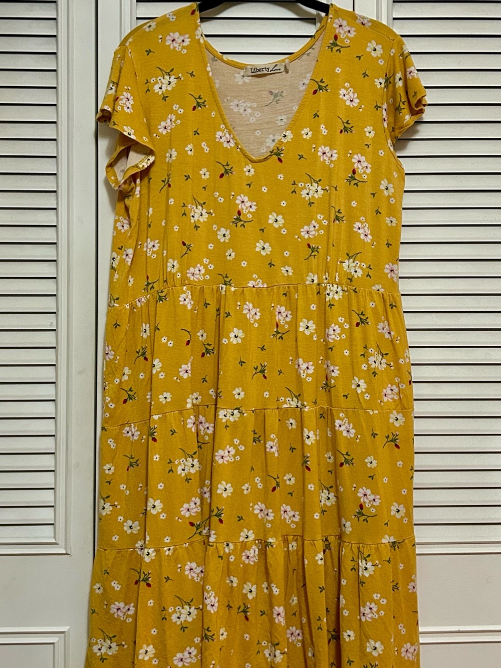 Liberty Love Mustard Yellow Floral Tiered Flutter Sleeve Dress 1X Cottagecore